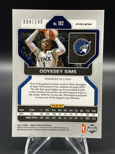 2022 Panini Prizm WNBA Base Prizms Blue /199 Odyssey Sims #102 Minnesota Lynx - Picture 2 of 2