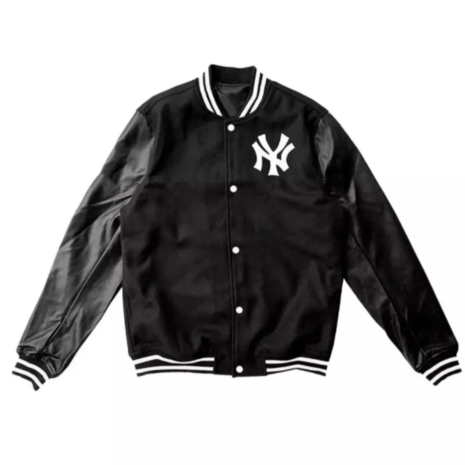 New York Yankees Varsity Jacket - Black Wool Body & Leather Sleeves MLB Style