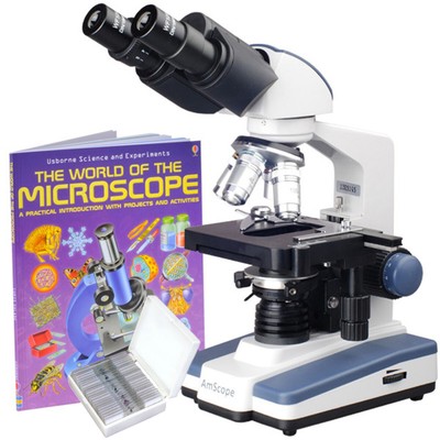 AmScope 40X-2500X LED Binocular Compound Microscope + Book + 25 Prepared Slides
