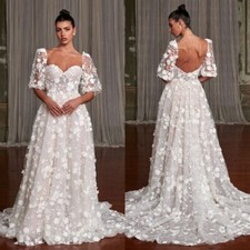 Luxury A-Line Wedding Dresses Sweetheart Puff Sleeves Lace 3D Floral Bridal Gown