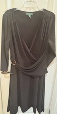 Lauren Ralph Lauren Dress 16 Black Long Sleeve Faux Wrap Surplice Midi  Stretch