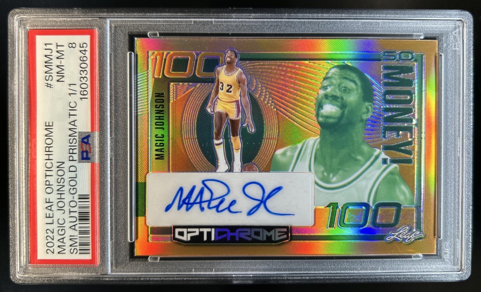 2022-23 Leaf Optichrome Magic Johnson So Money Auto Prismatic Gold #1/1 PSA 8