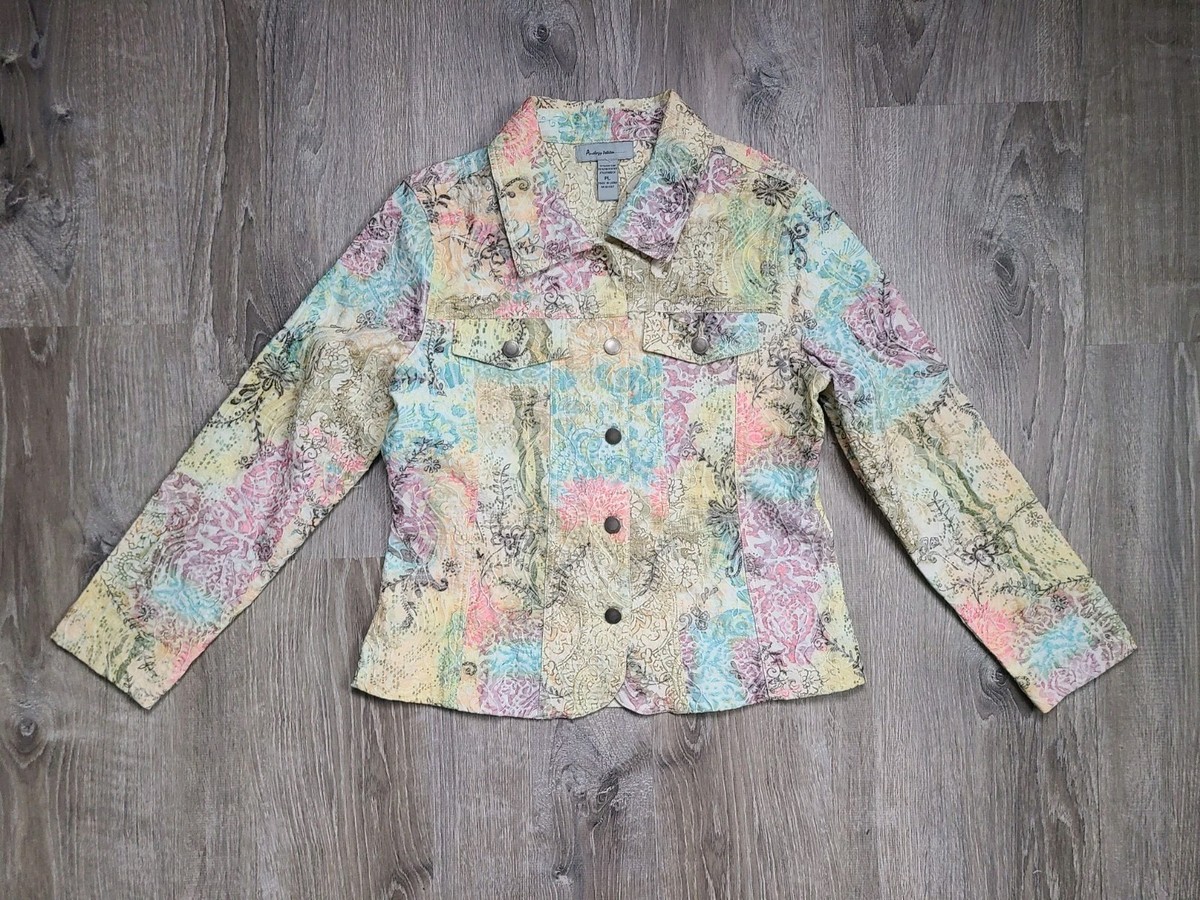 Analogy Petites Womens PL Jean Jacket Artsy Pastel Floral 