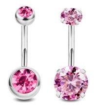 NICEIGHT 2PCS 14G Surgical Steel Belly Button Rings for Women Round CZ Pink