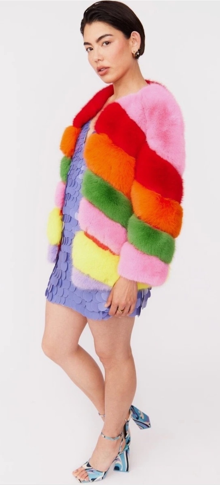 JAYLEY Rainbow Jacket Multicoloured Faux Fur Coat Party Festival, Size Large.