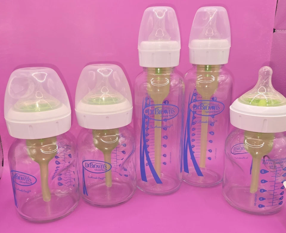 Стеклянные бутылки против колик Dr. Brown's 5 шт. и 2 упаковки нераспечатанные соски - Изображение 2 из 4