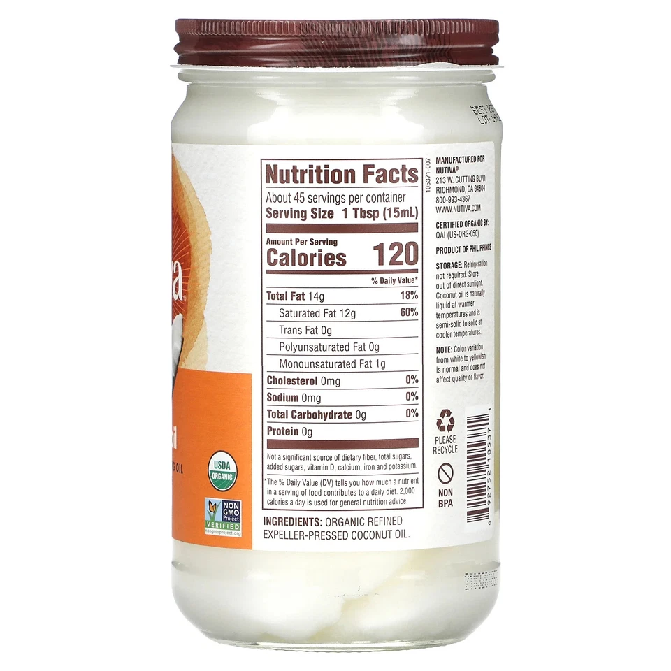Aceite de coco orgánico Nutiva refinado 23 fl oz 680 ml B Corp, sin hexano, kosher, Foto 2 de 2