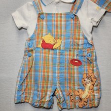 Vtg Y2k Disney Winnie the Pooh Tigger Embroidered 3 Pc Set 0-3mo Outfit Plaid