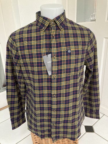M&S Navy/Multi Check Pure Cotton Soft Touch/Brushed Flannel Shirt - Large - BNWT - Picture 13 of 14