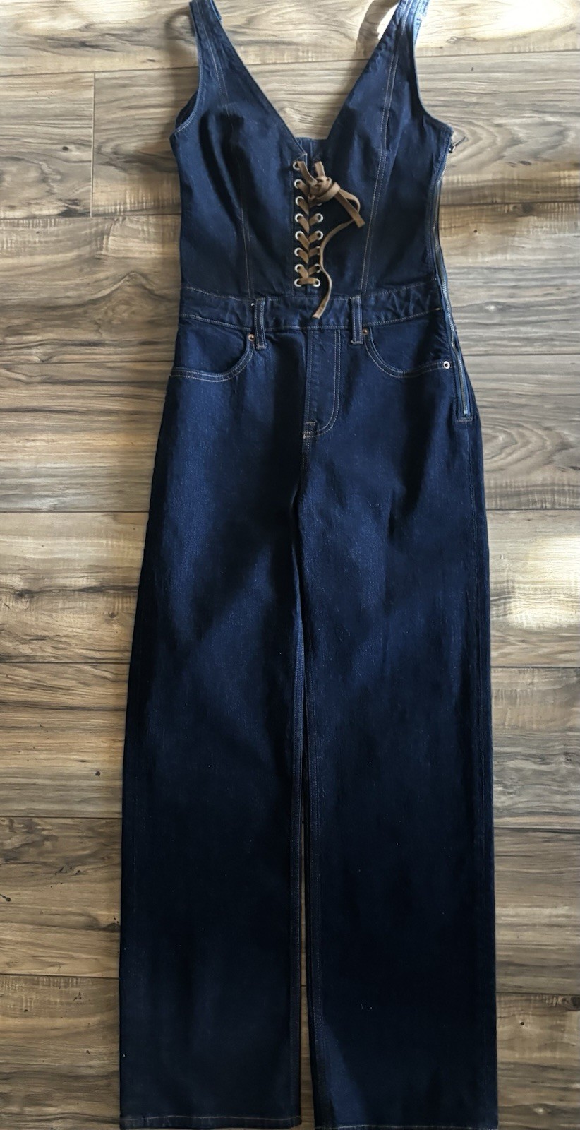 Abercrombie & Fitch Blue Denim Jumpsuit XS V-Neck Lace-Up Pockets Straight