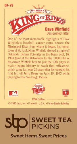 1994 Donruss #DK-29 Dave Winfield Diamond Kings - Picture 2 of 2