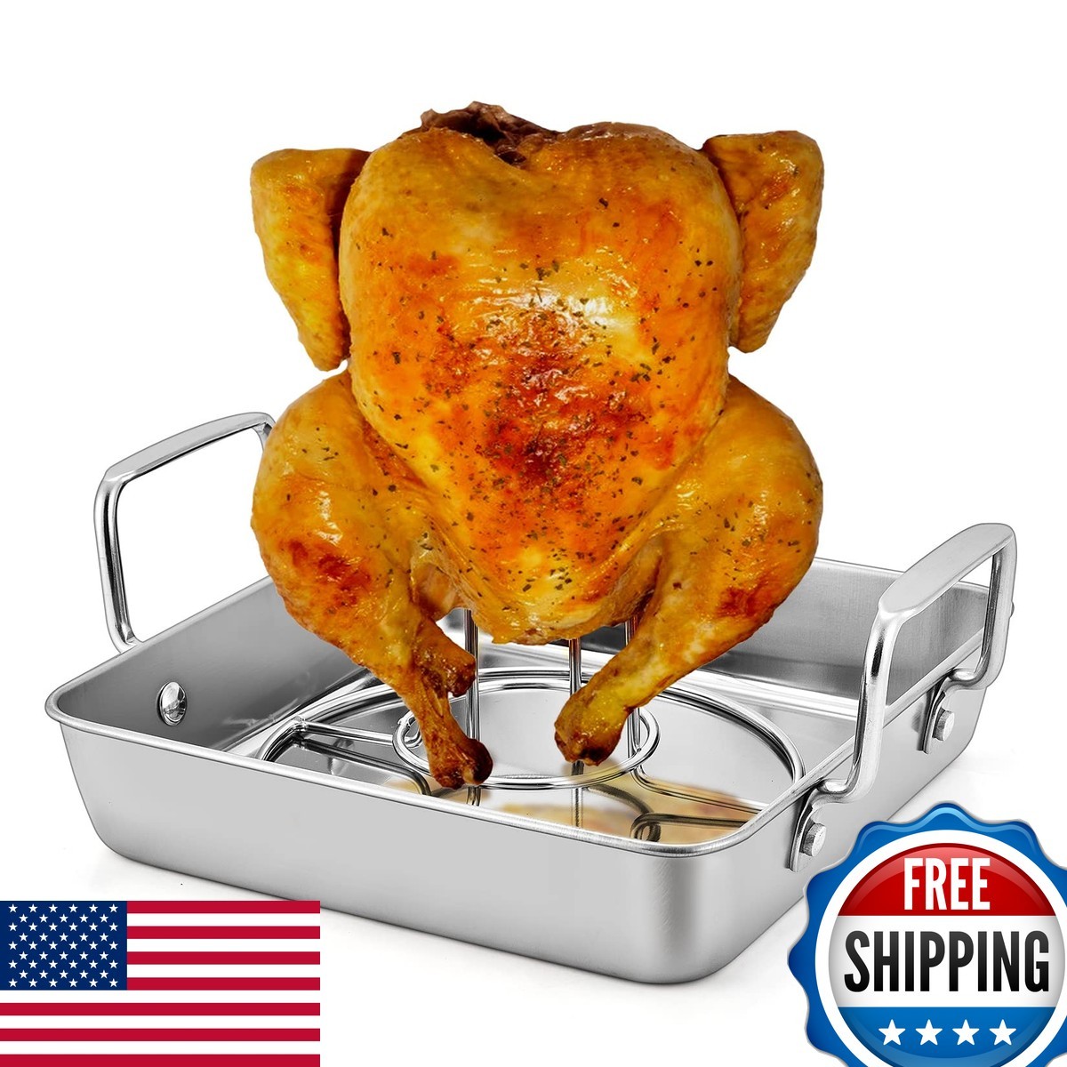 P&P CHEF Beer Can Chicken Holder Roasting Pan Set Square 2Pcs