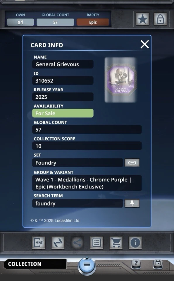 Star Wars Card Trader Foundry 2025 General Grievous Medallion Purple Epic - Image 2 of 2