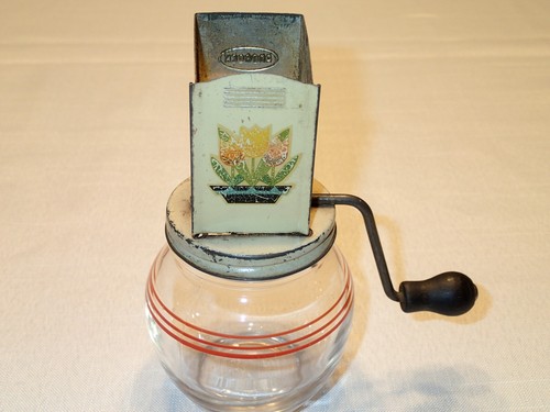 Androck Uniform Nutmeat Chopper with  Tulip design/Glass Jar Red Stripes Vintage