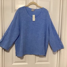 Focus Light Blue Textured Cotton Top, 3/4 Sleeves, Size XL, NWT, USA-made