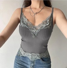 Women Lace Trim V Neck Crop Top Summer Sleeveless Ribbed Cami Vest Tops Clubwear