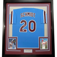 FRAMED Autographed/Signed MIKE SCHMIDT 33x42 Philadelphia Blue Jersey JSA COA