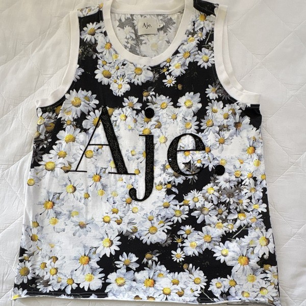 Aje. Women’s S Sleeveless Floral Tank Top Black White Yellow Round Neck Logo