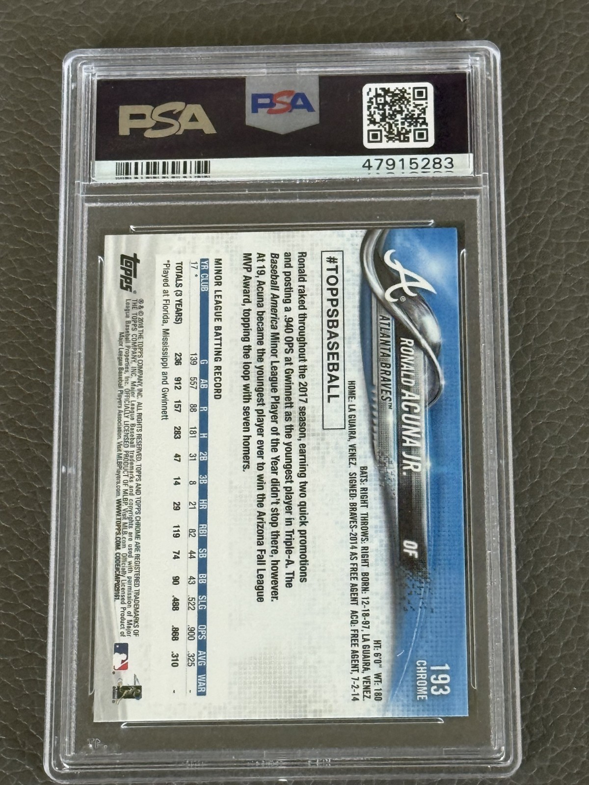 Ronald Acuña Jr. - 2018 Topps Chrome -  #193 - Rookie Card (RC) - PSA 10 GEM MT view 2