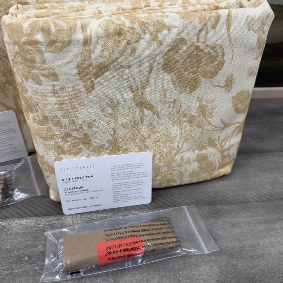 Pottery Barn Sorrel Toile Blackout Curtains Drapes 50”x84” Gold W/Hooks Set/2 OB - Image 2 of 4
