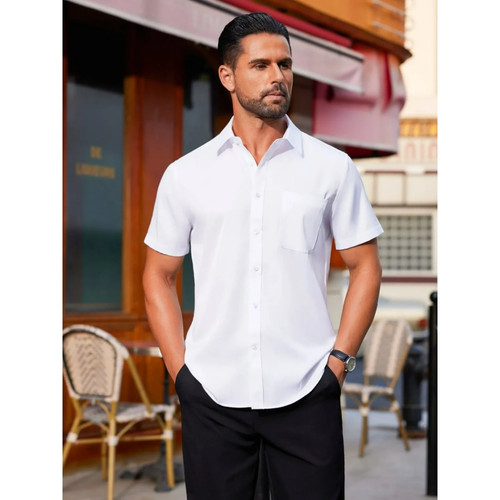 New Men's Large Short Sleeve Cotton Dress Shirt Wrinkle-Free Business Fast Ship - Picture 4 of 6
