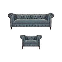 Hellgraue Polster Chesterfield Garnitur Wohnzimmer Dreisitzer Sessel