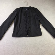 Jones New York Signature Black Collarless Blazer Embroidered Open Front Jacket 6
