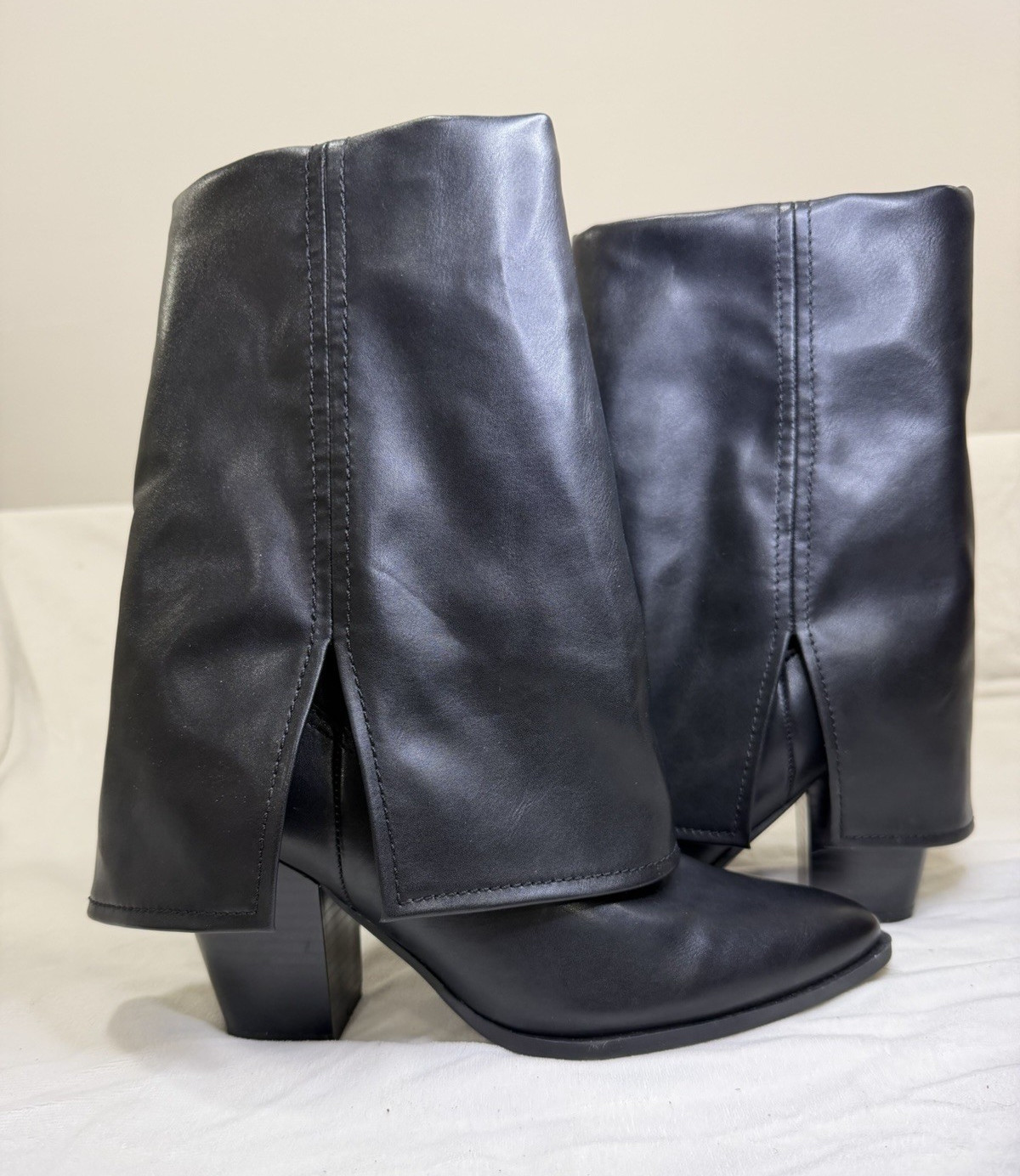 Messenger Women's Black Mid-Calf Pointed Toe Block Heel Zip Boots 8.5