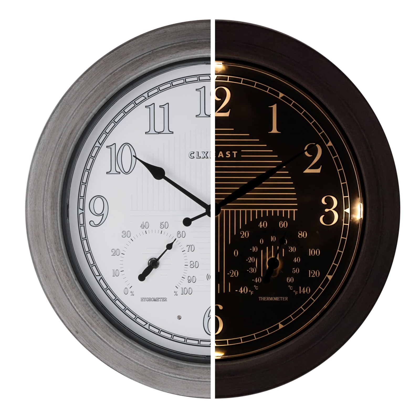18 Inch Farmhouse Illuminated Outdoor Atomic Wall Clock with Thermometer & Hy...