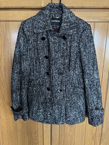 Express Wool Blend Black/White Pea Coat. Buttons (Gold), Collared Women Small - Picture 2 of 14