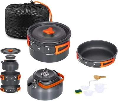 SMHLINE 2-3 Person Camping Kochgeschirr Kochtopf 10-tlg Outdoor-Töpfe Bratpfanne Kettle