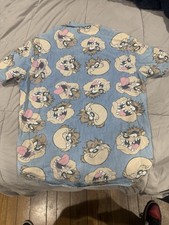 Looney Tunes Taz Tasmanian Devil Blue Denim Graphic Button-Up Shirt Men M
