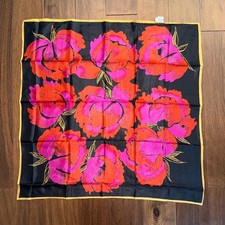 Pure Silk Hand Sewn Vintage Floral Scarf Sapphire Black Pink Red Square