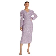 Mac Duggal Size 6 Lavender Sequined Illusion Puff Sleeve 107461 Midi Dress NEW