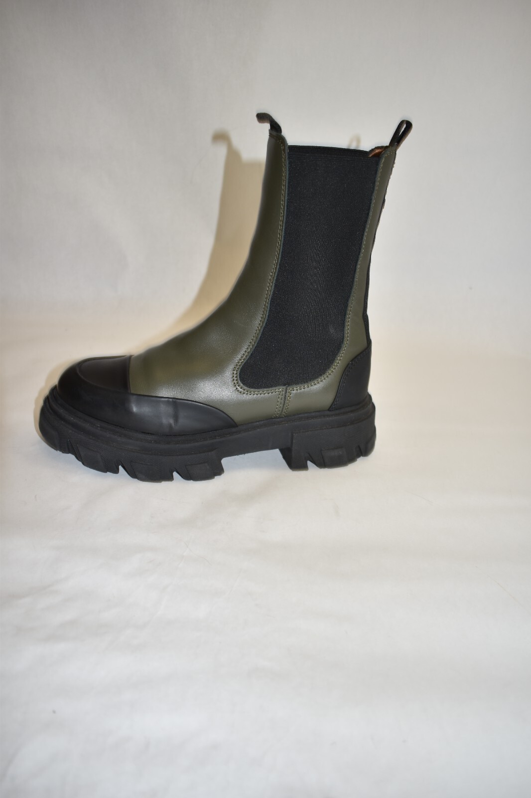 GANNI Women's Platform Mid Calf Chelsea Boots Leather Army Green Size 8 US 38 EU image 4