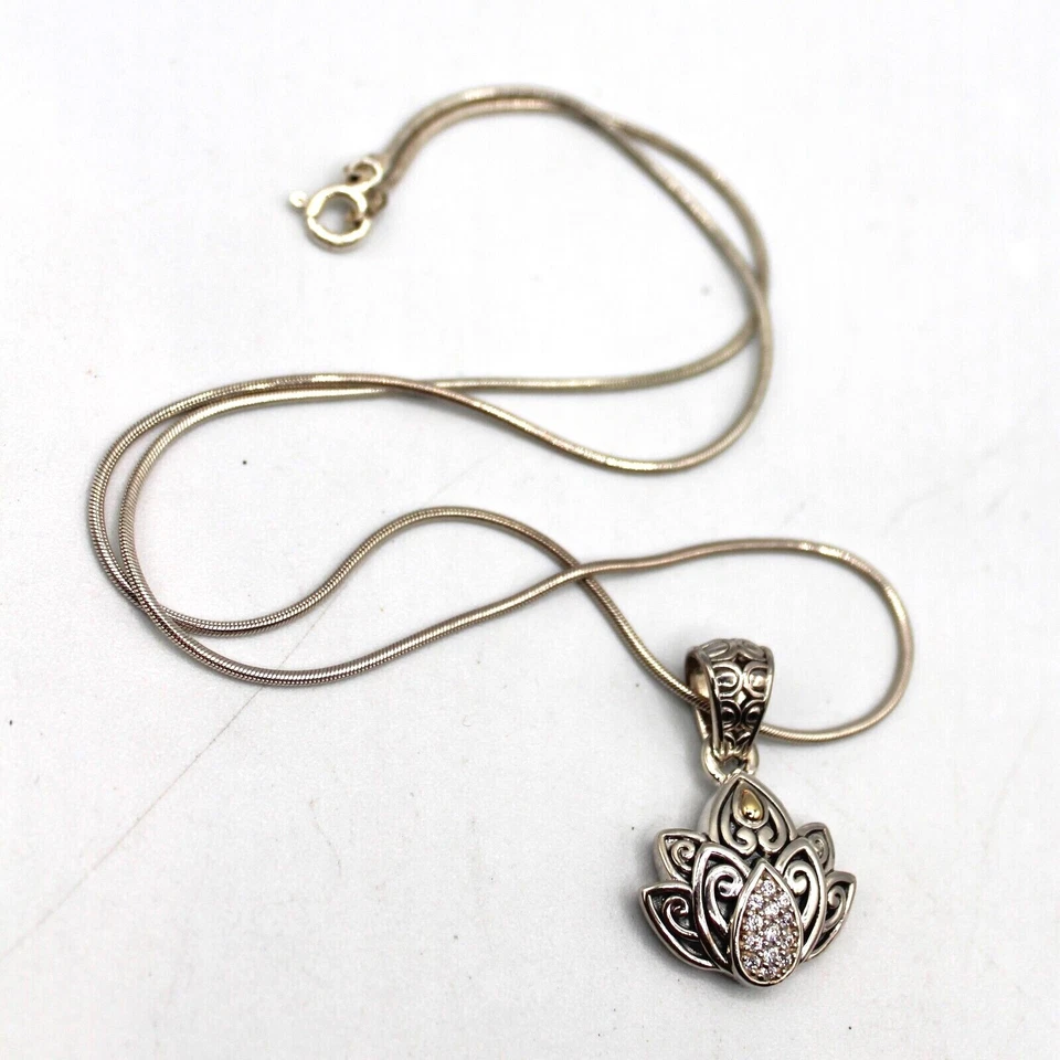 Collar colgante John Hardy Angela plata esterlina oro 14k circonita cúbica flor de loto 18" Foto 3 de 4