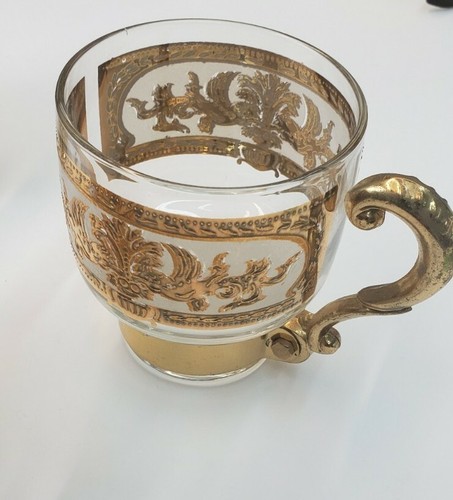 CULVER GOLD DESIGN MID CENTURY THREE CUPS WITH STEEL HANDLES 1960's Glass