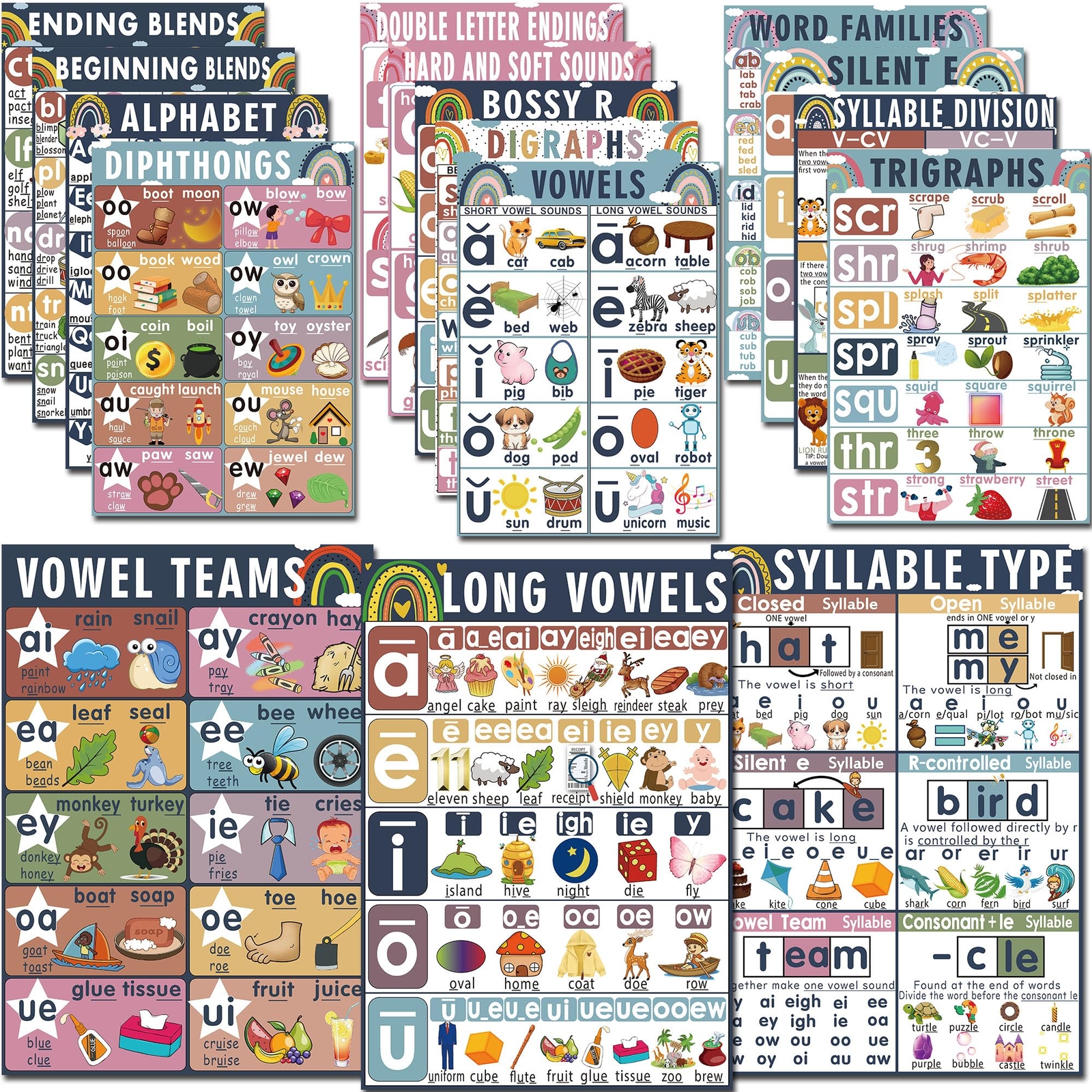 16 English Phonics Posters Language Arts Charts for Kids Toddler Learning Vow...