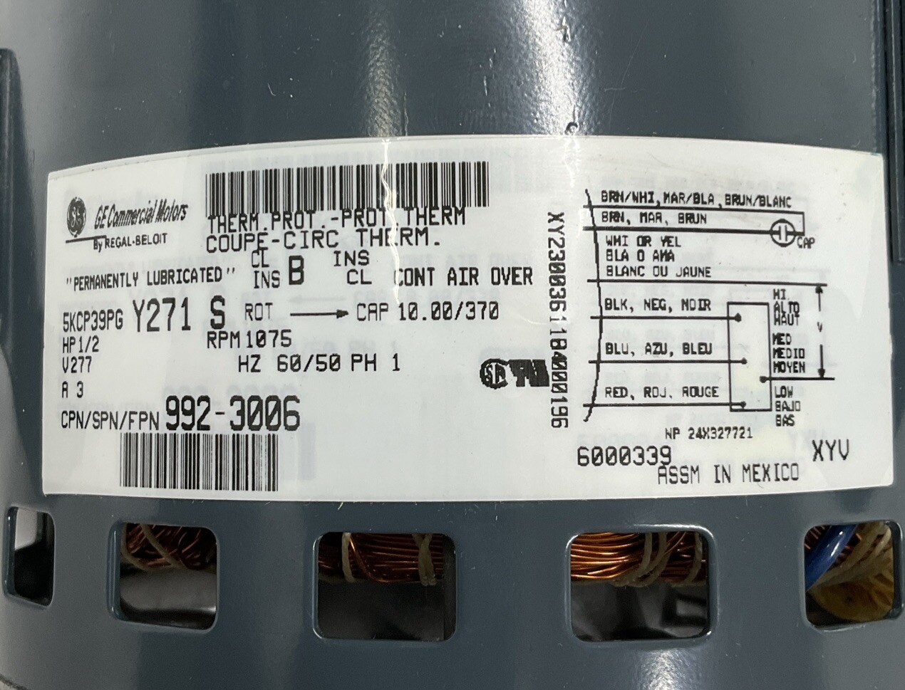 GE 5KCP39PG Y271S Motor 9923006 1/2HP, 277VAC, 1075 RPM (OV134) eBay