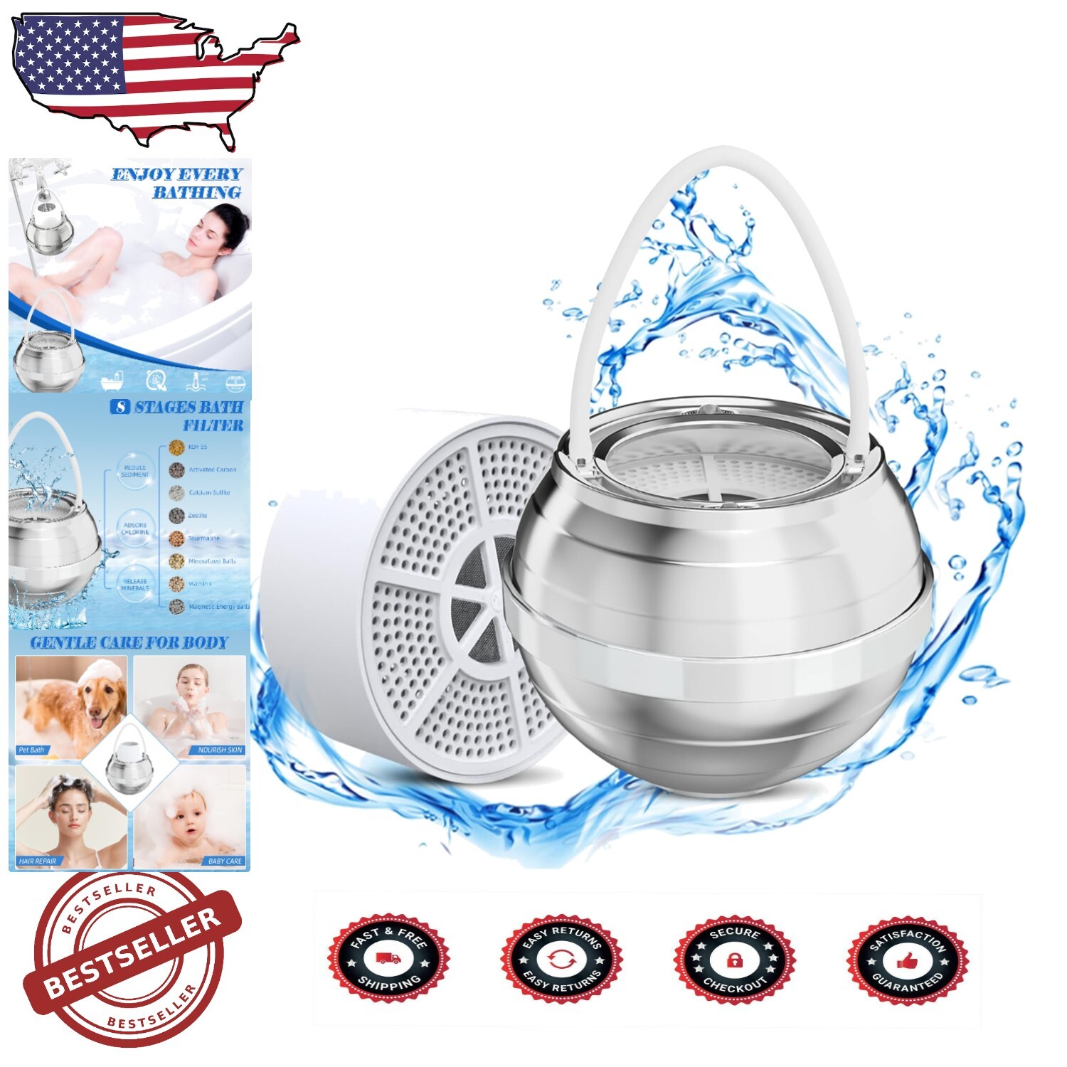 Chlorine Reduction Bath Filter - Easy Install with 2500 Gal Capacity (Silver)