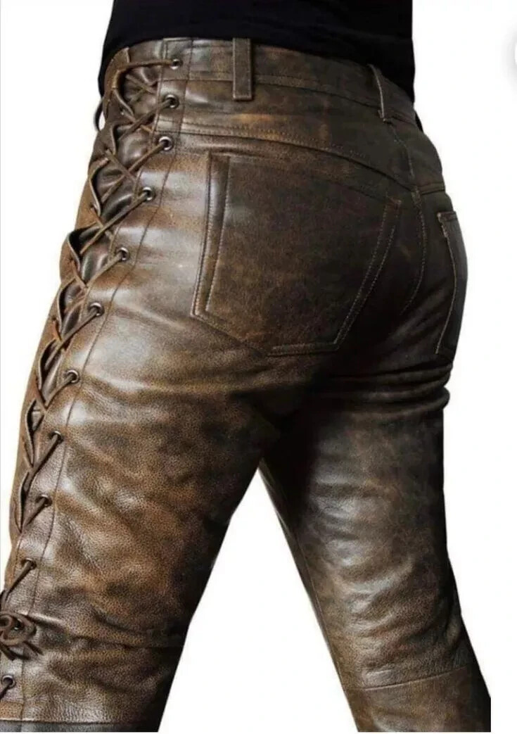 Brown Distressed Leather Biker Pants - 5 Pocket Side Laces W