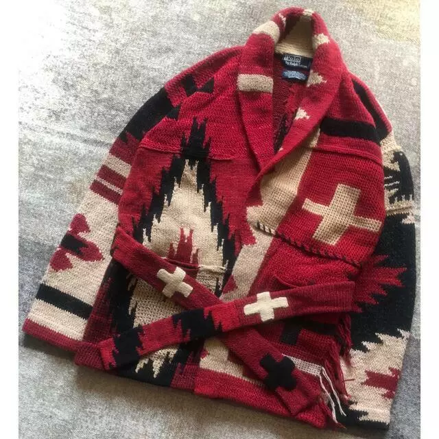 Used Polo Ralph Lauren Native Pattern Knit Gown Cardigan Size L Red Black White