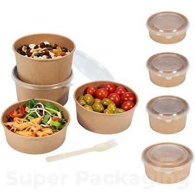Round Kraft Deli Bowls - Disposable Paper Salad Food Bowls & Lids - Hot / Cold