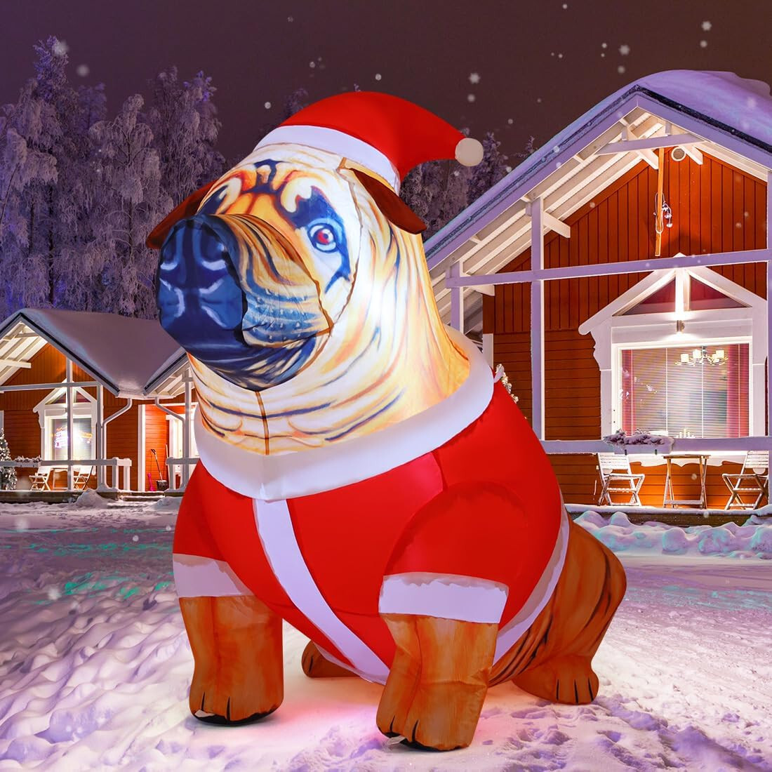 Christmas Dog Bulldog Santa Hat Airblown Inflatable Decor LED Blow Up