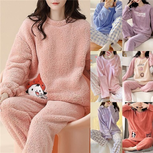 Womens Fleece Pajamas Set.Winter Warm Fluffy House Sleepwear Suit Nightwear  PJS | eBay