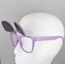Purple frame blue flip up top lens retro 80s style clear sunglasses glasses