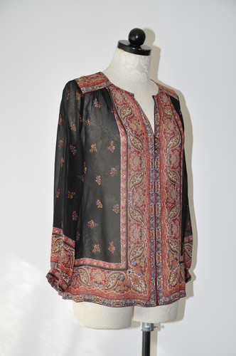 Joie schwarz rot Seide Georgette durchsichtig ethnische Paisley Batik Mosaik Bluse Damen XS - Bild 7 von 24