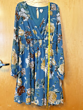 IJOAH Dress Blue&Brown Long Sheer Sleeve Elastic Waist Lined Floral sz Med