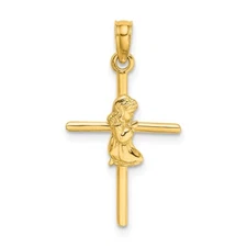 14k Yellow Gold Praying Girl Cross Charm Pendant Gift for Mother