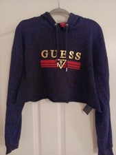 Guess Sz XL Cropped Hooded Sweatshirt Black W/ Logo In Gold  Red